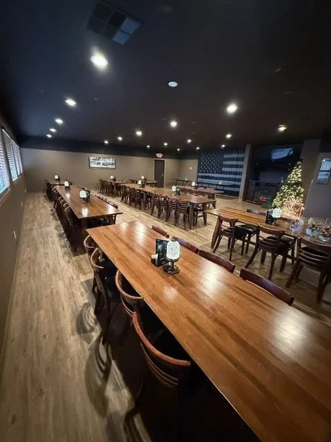 The banquet room in holiday light
